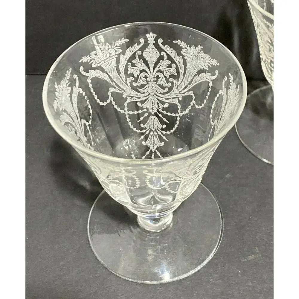 Morgantown etched crystal Milan pattern oyster cocktail glasses 1920's Art Deco